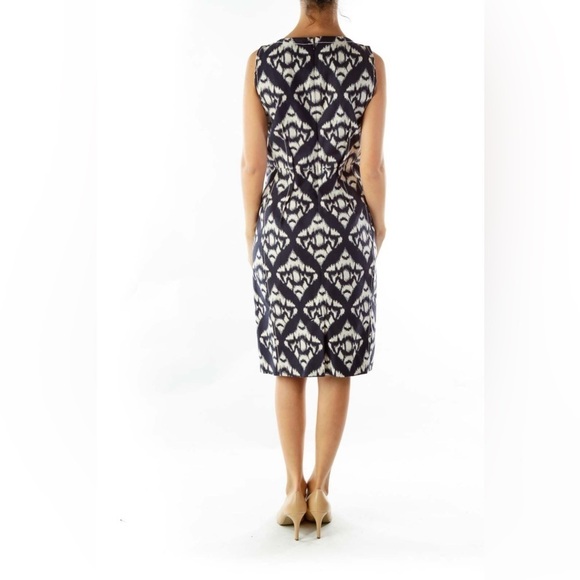 Talbots sz. 10 stretch navy blue and white ikat patterned dress l easter, office - Picture 4 of 16